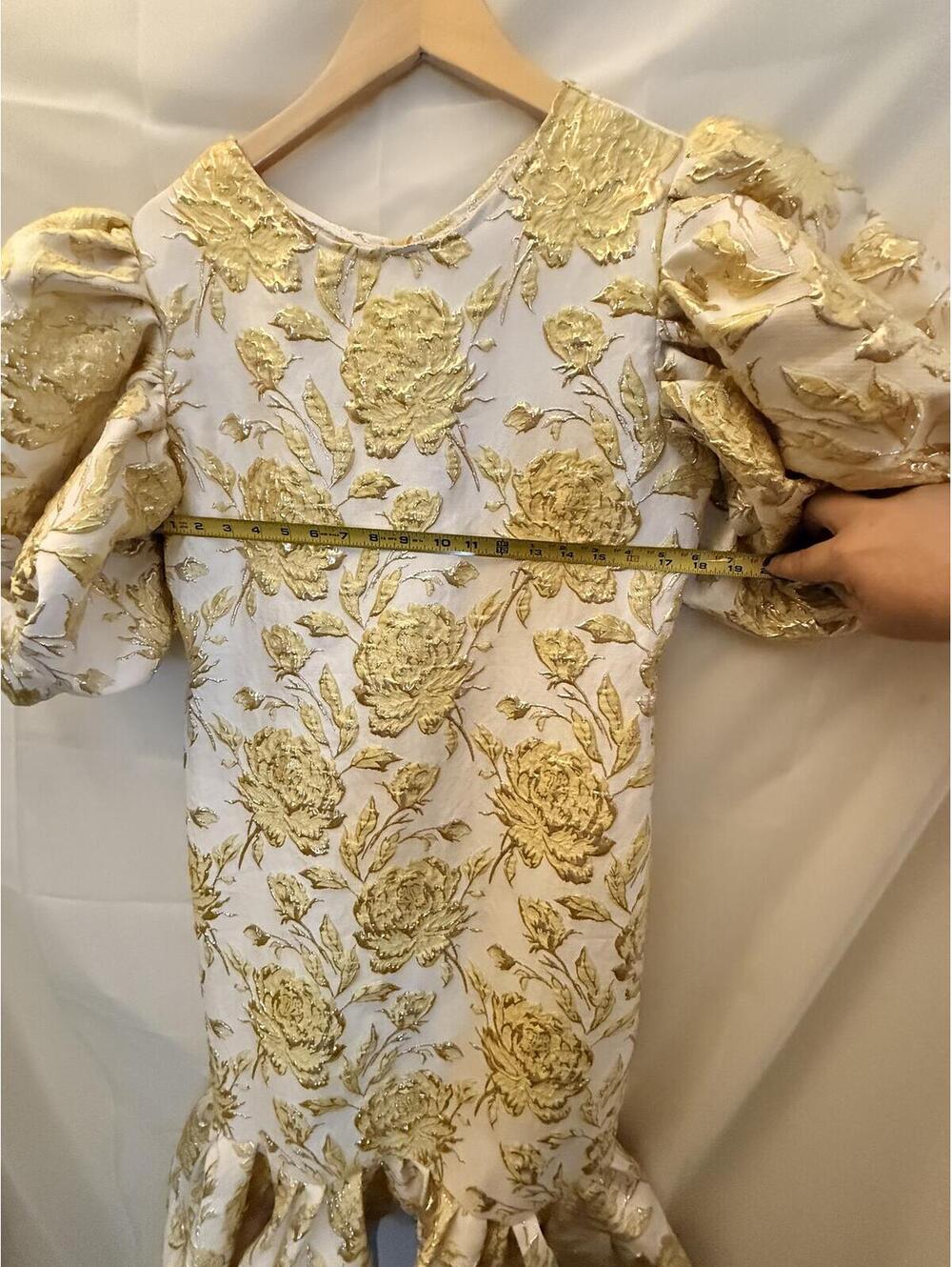 Vintage 1980s Metallic Gold Floral Brocade Puff Sleeve Dress with Flounce Hem - Picture 8 of 9